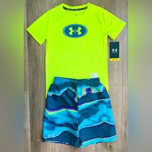 Little Boy Under Armour Neon Yellow Rash Guard & Swim Trunks Set, Size 4 NEW
